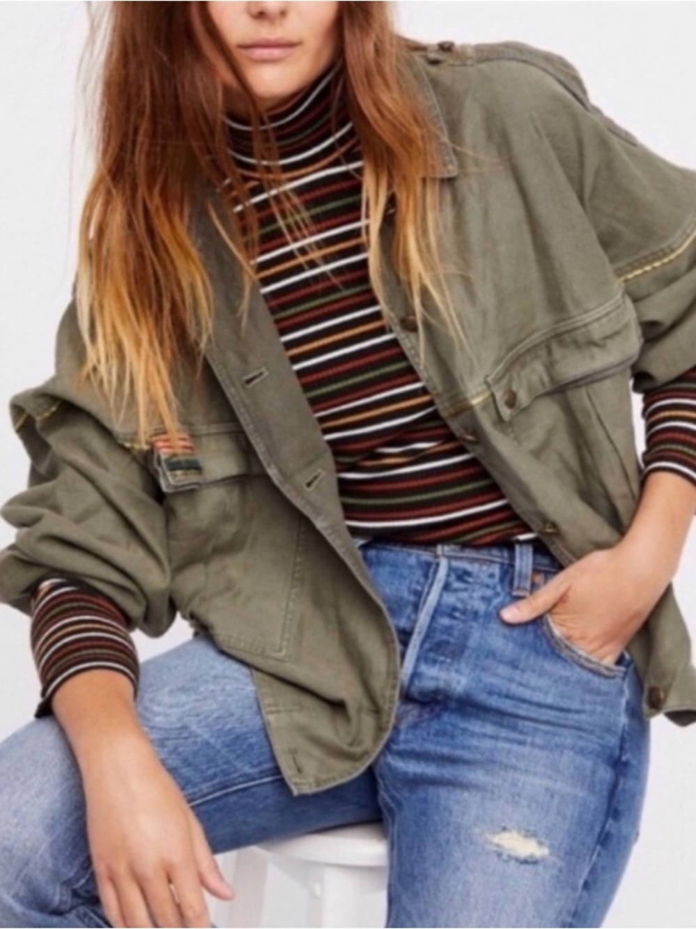 Free People Moss Green Military Oversized Button Down Distressed Jacket Size L